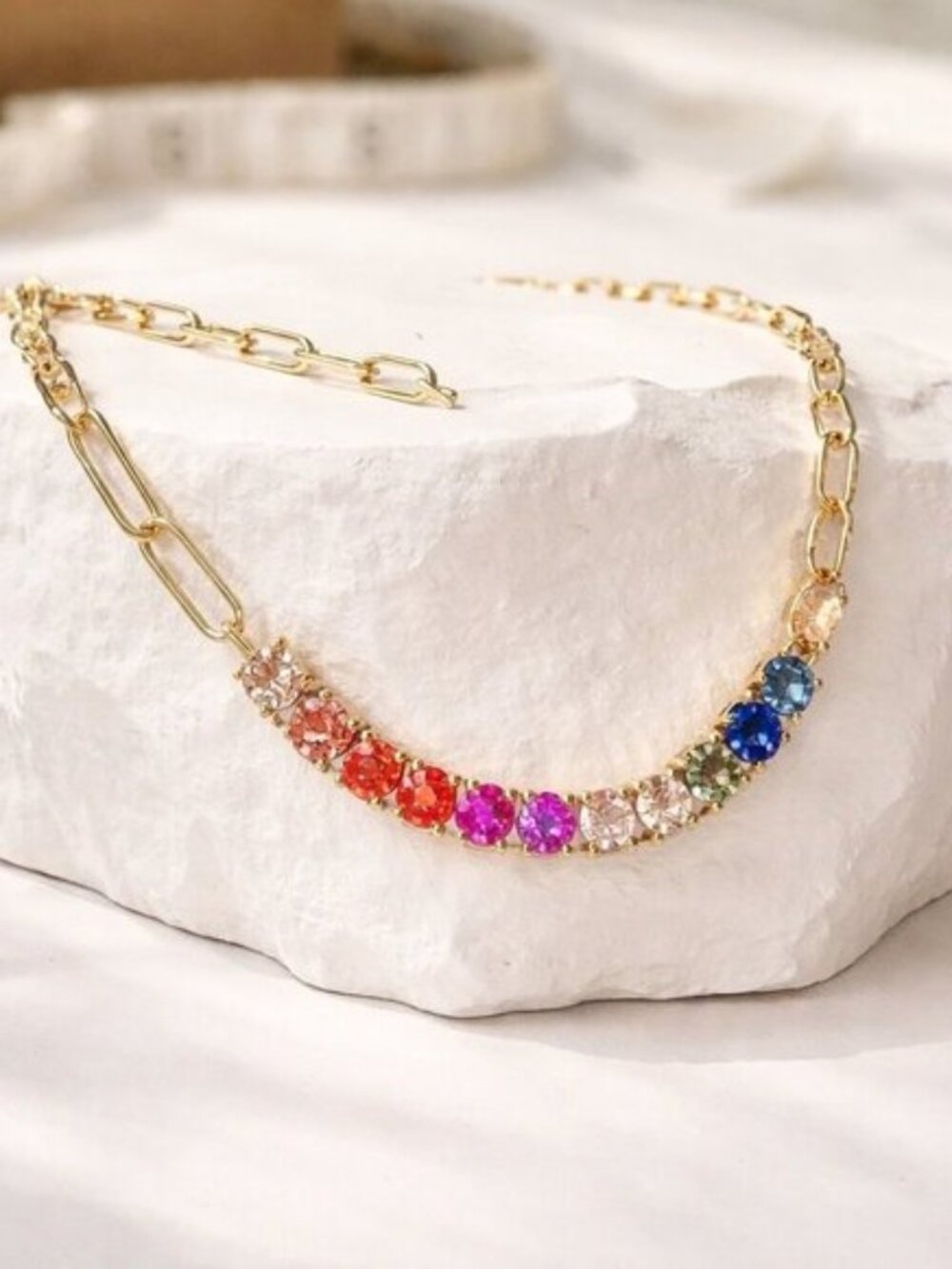 Rainbow Crystal Necklace | Gold Tone Multicolor CZ Statement Necklace - Picture 3 of 3